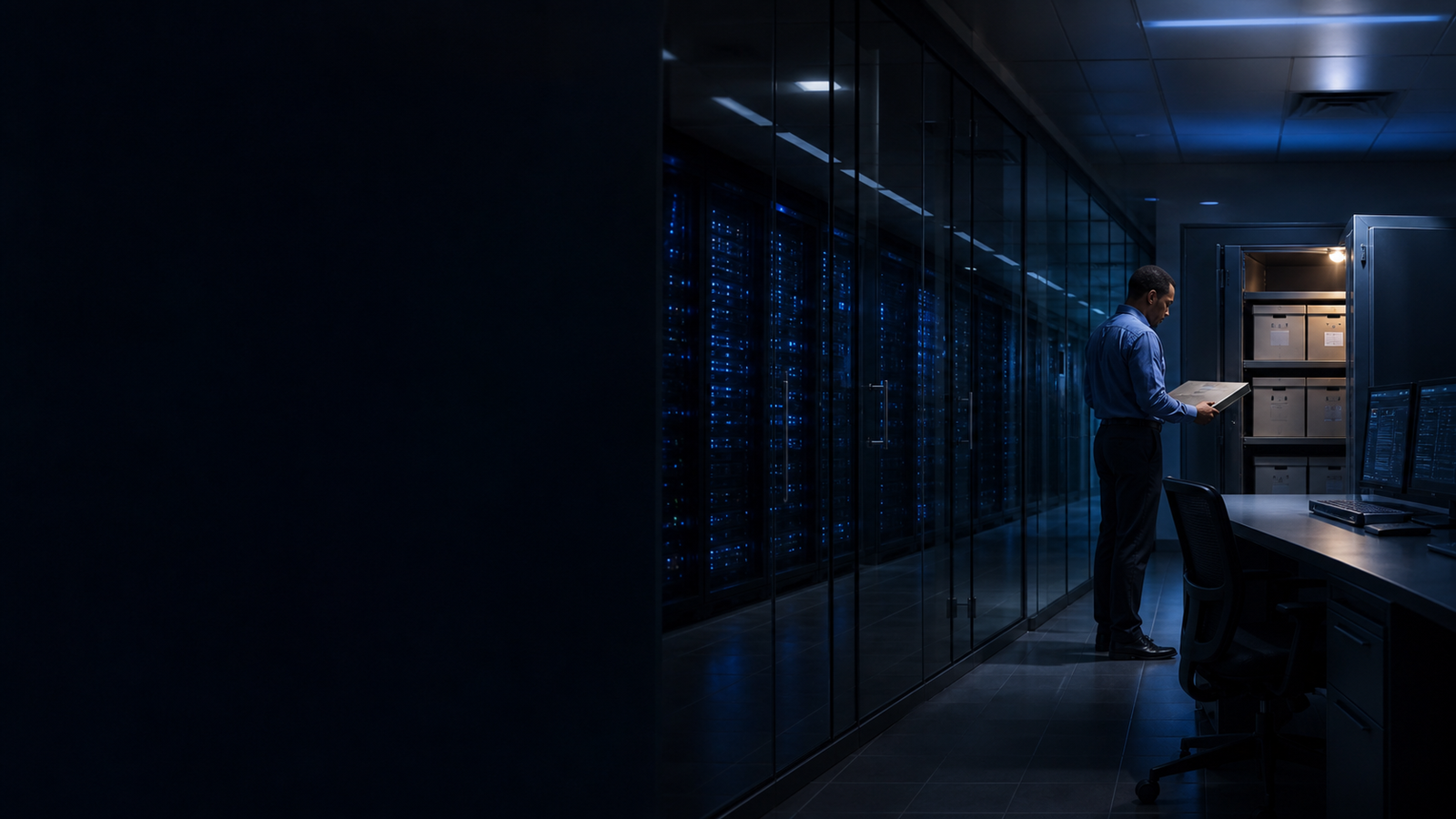 A modern secure records and server operations room at night